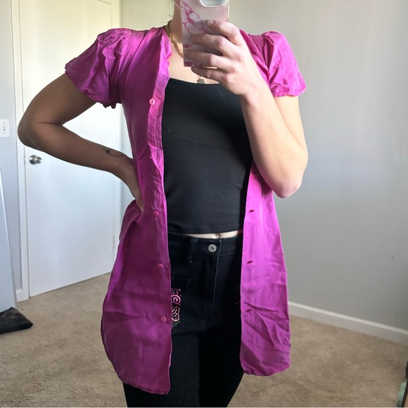 Hot Pink Silk Button Down Dress Vintage Feu Follez - Picture 9 of 12